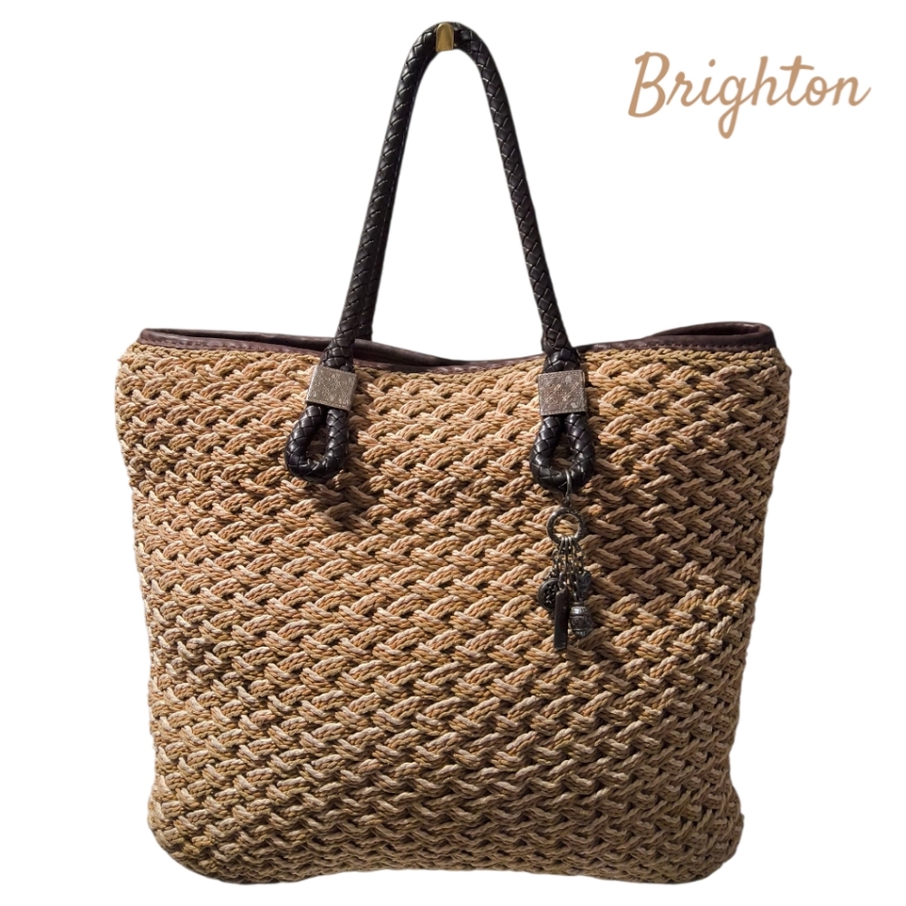 Brighton Raffia Top Handle Bag with Braided Leather Handles and Brighton Charm